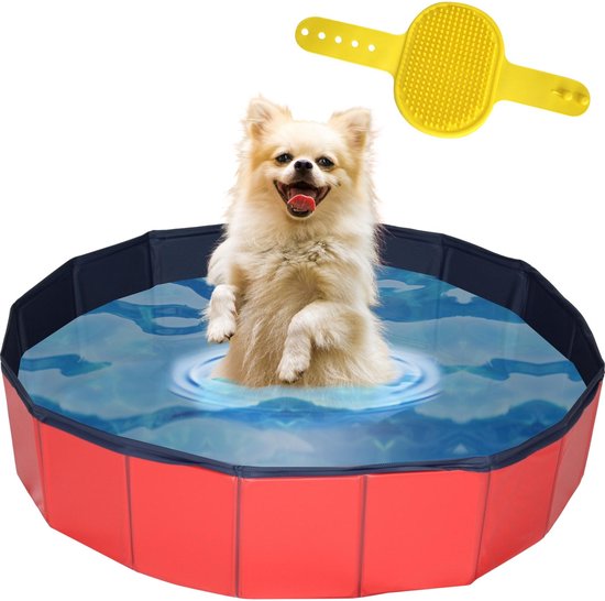 Lendo - Hondenzwembad Ø80x20cm - Bad voor honden - Hondenbad - Dierenzwembad - Opzetzwembad - inklapbaar - PVC - Rood / Blauw- Inclusief Hondenborstel Kam